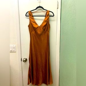Lulu’s Brown Satin/Copper Cowl Back Midi Slip Dress